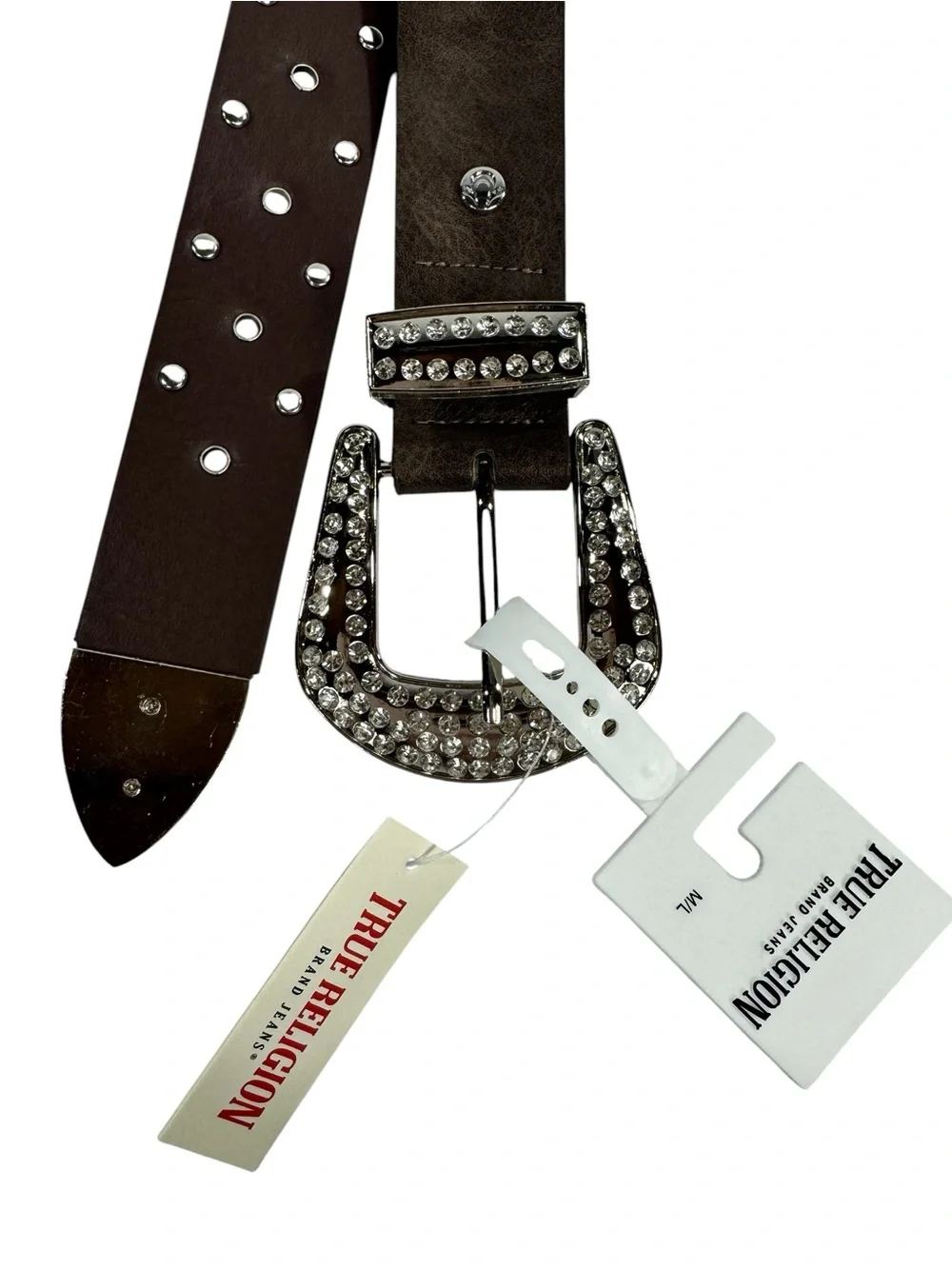 NWT True Religion Brown Crystal-Embellished Womens Leather Belt